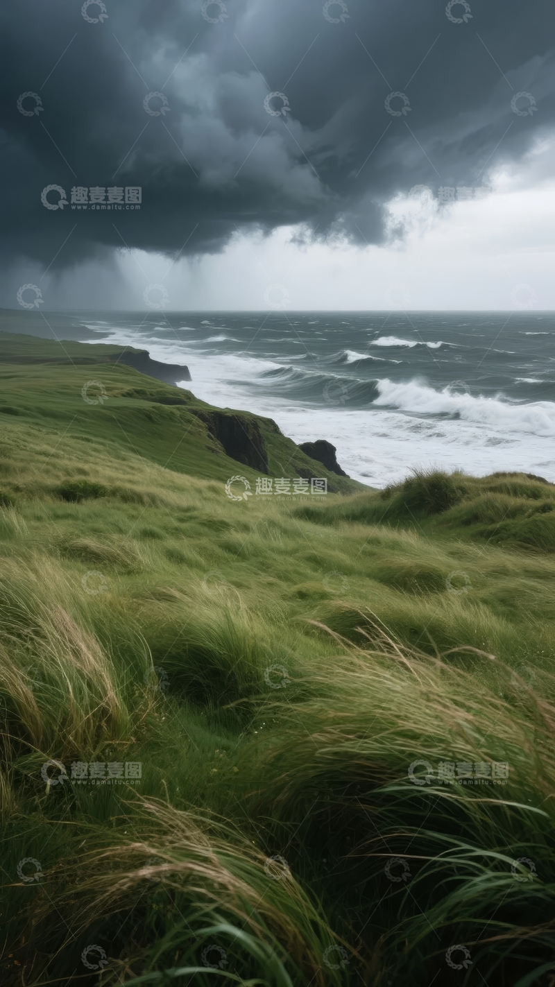 阴云密布的海岸悬崖与汹涌海浪
