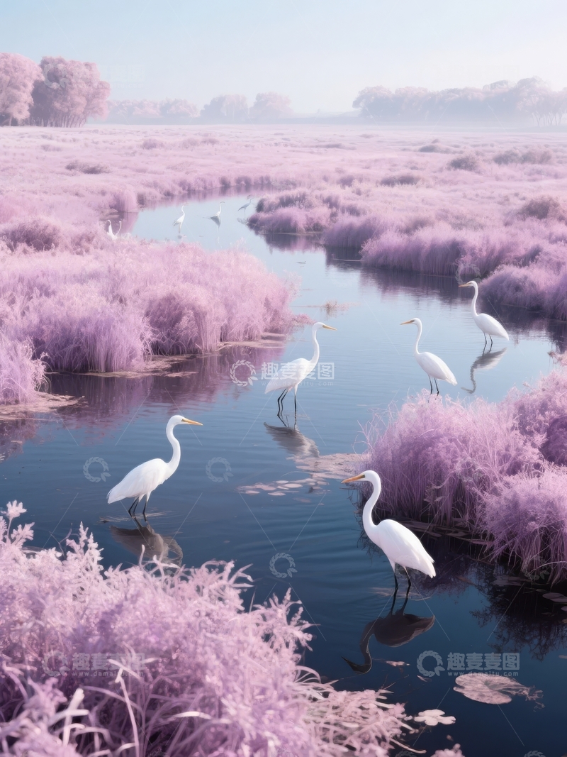 高清大图下载【趣麦麦图】紫雾湿地中白鹭悠然栖息的宁静景象