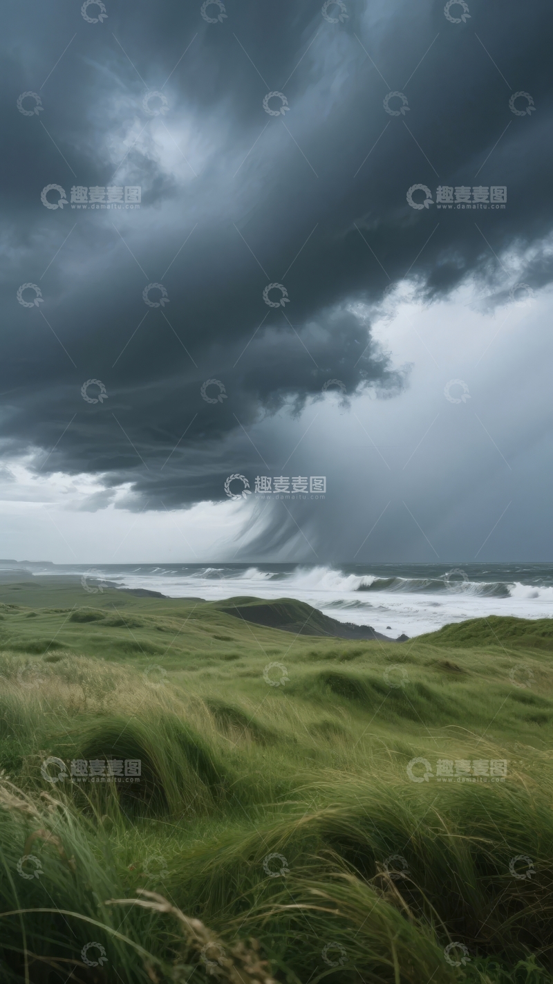 乌云密布的海岸边狂风卷起海浪