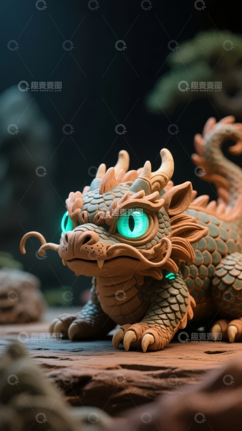 高清大图下载【趣麦麦图】奇幻风格发光蓝眼小龙雕像置于神秘背景中