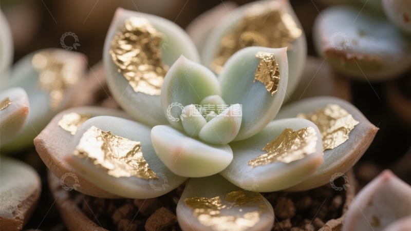 高清大图下载【趣麦麦图】多肉植物叶片点缀金色装饰物