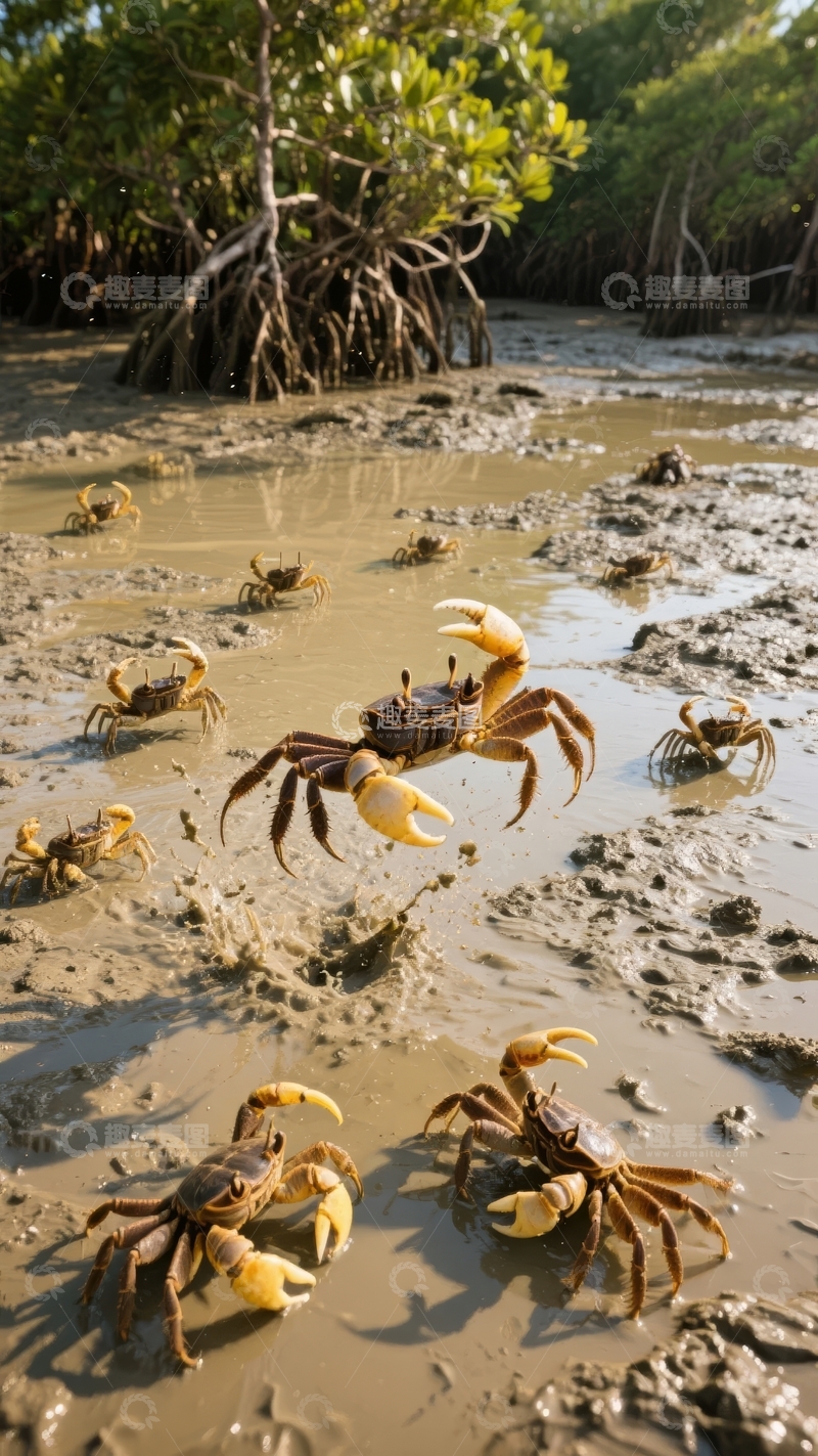 高清大图下载【趣麦麦图】红树林滩涂上一群螃蟹在泥泞中爬行