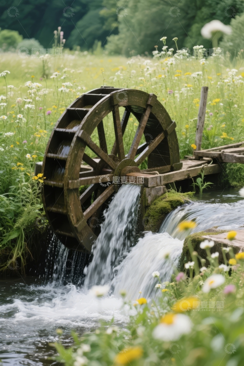 高清大图下载【趣麦麦图】木制水车在花丛溪流中运转