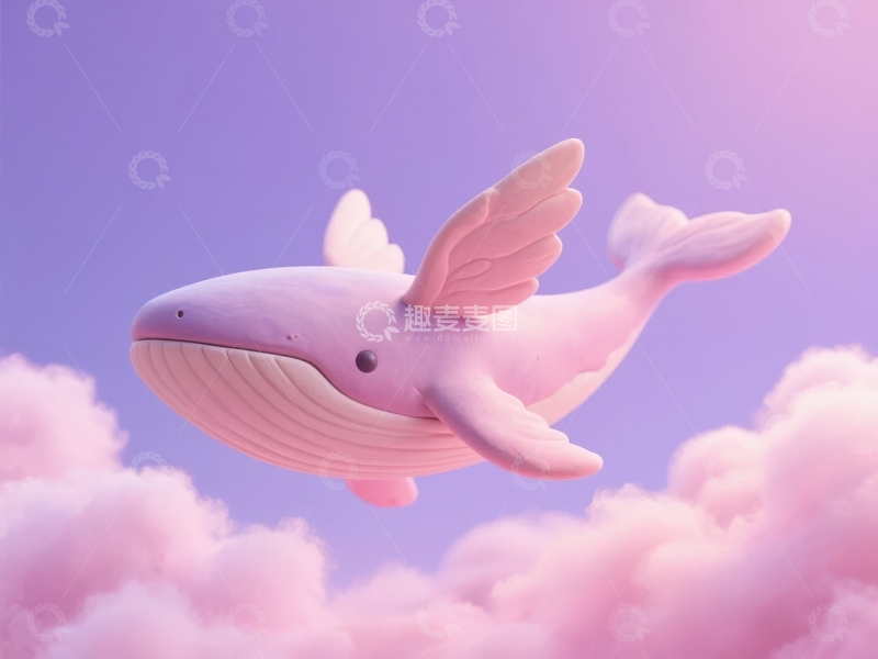 高清大图下载【趣麦麦图】粉色天空中飞翔的带翅膀鲸鱼