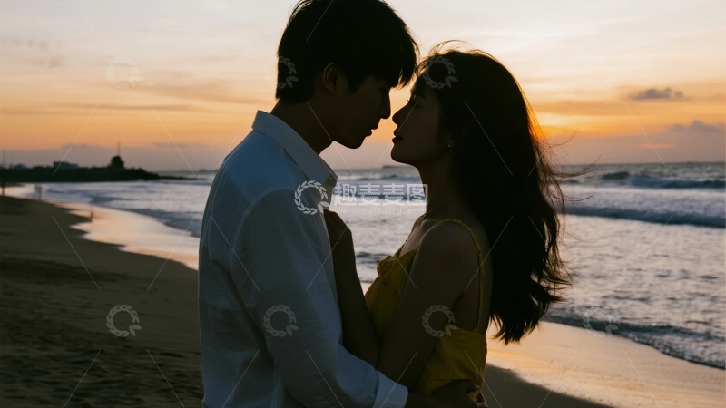 高清大图下载【趣麦麦图】情侣在海滩日落时分相拥亲吻