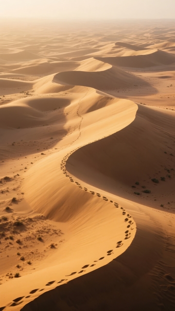 沙漠中蜿蜒沙丘与足迹的壮丽景观