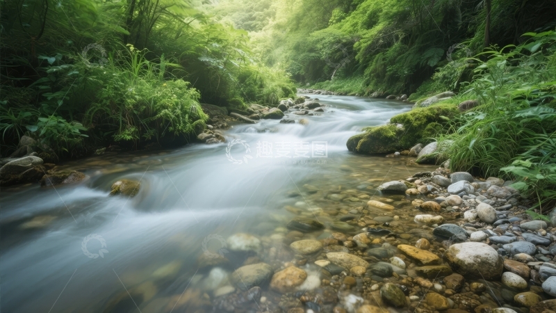 高清大图下载【趣麦麦图】溪流穿行于绿意盎然的森林之中
