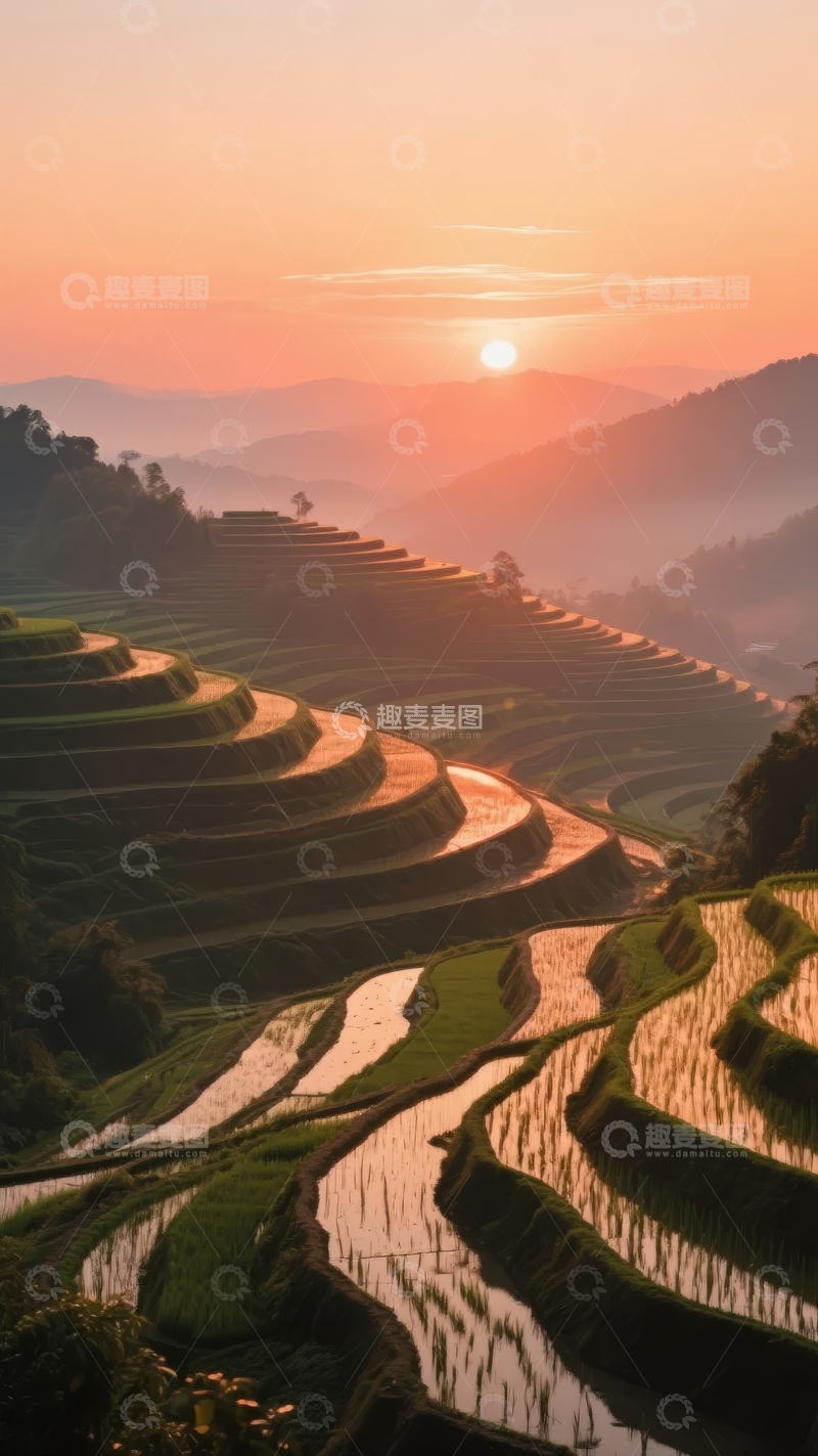 高清大图下载【趣麦麦图】日落时分的梯田层层叠叠金光闪耀