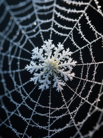 冰霜覆盖的蜘蛛网中央有一片精致的雪花