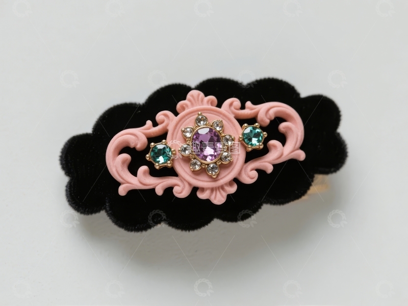 高清大图下载【趣麦麦图】粉色装饰发夹镶嵌紫色宝石黑色绒面背景