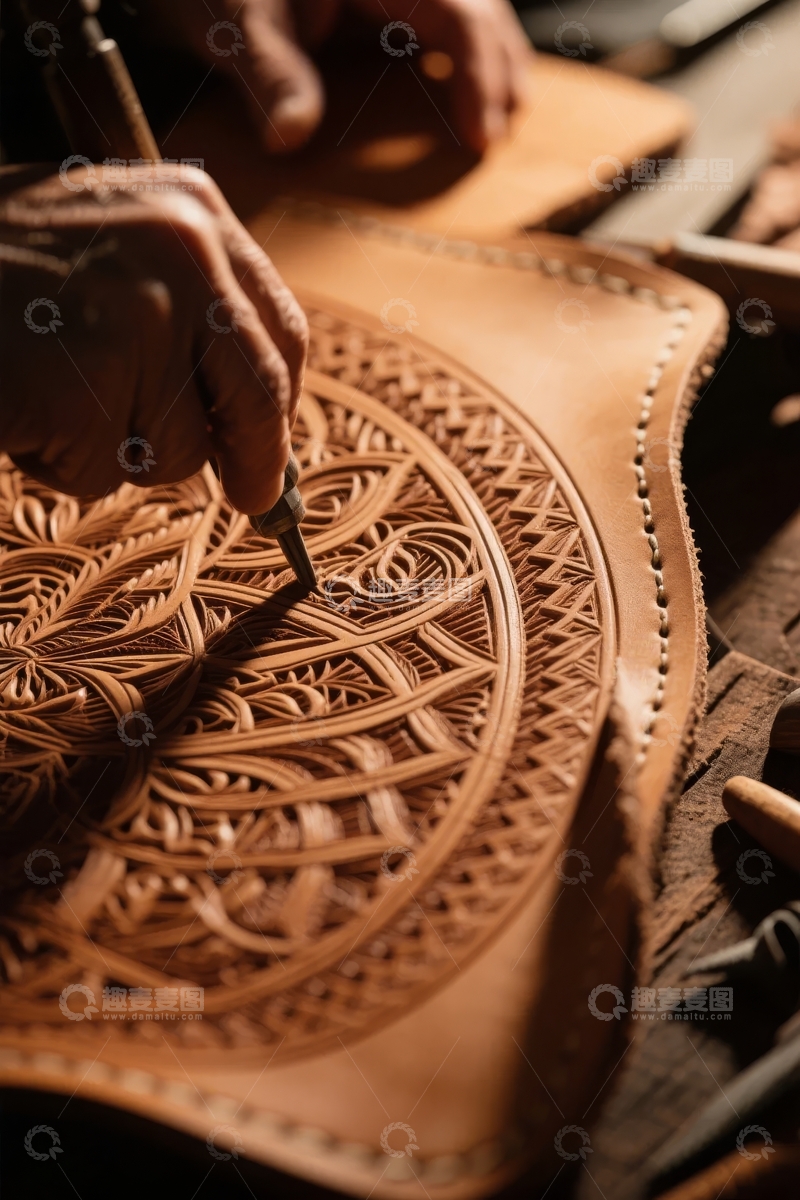 高清大图下载【趣麦麦图】工匠正在雕刻复杂图案的皮革制品