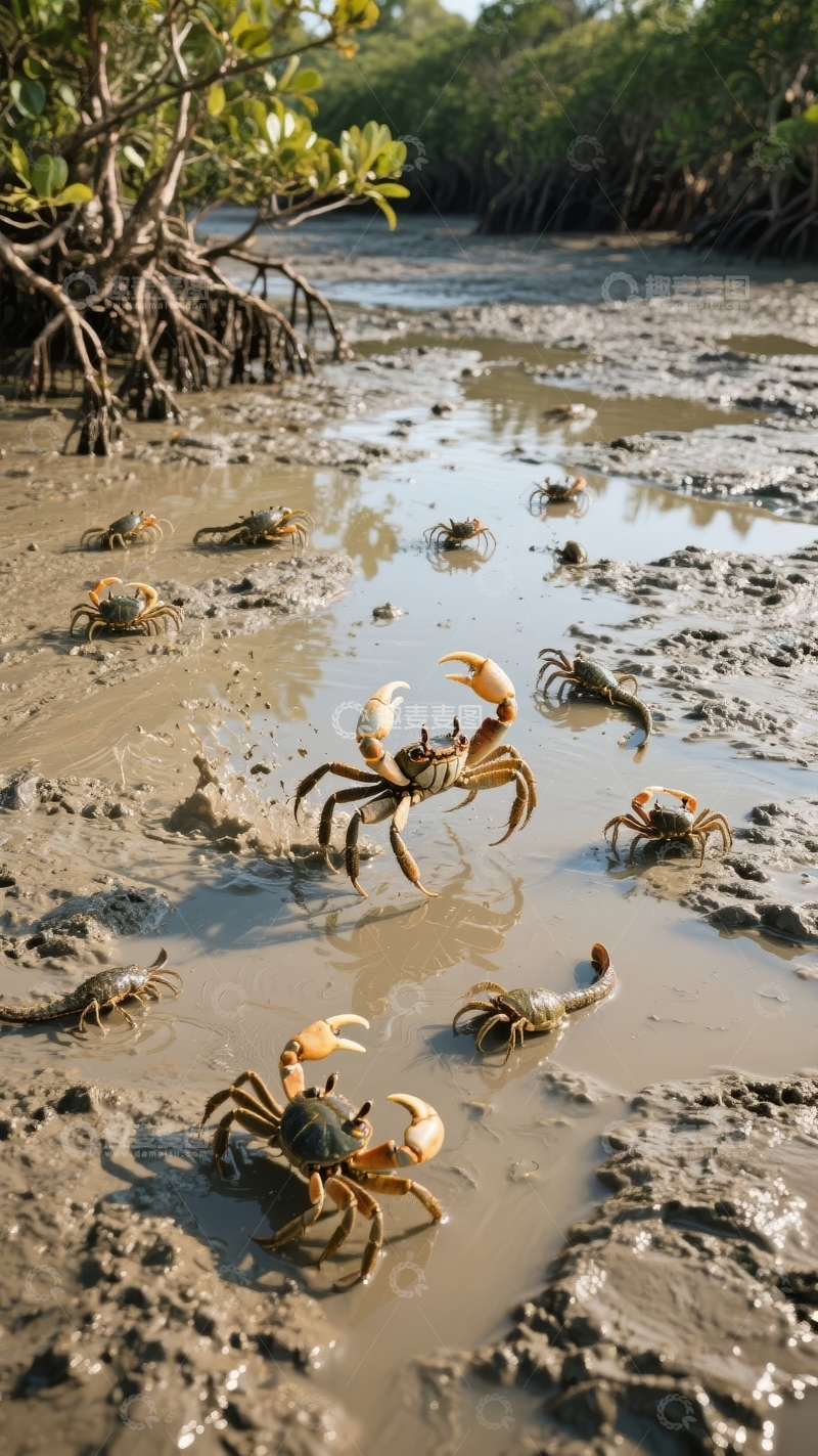 高清大图下载【趣麦麦图】红树林滩涂上众多螃蟹在泥泞中爬行