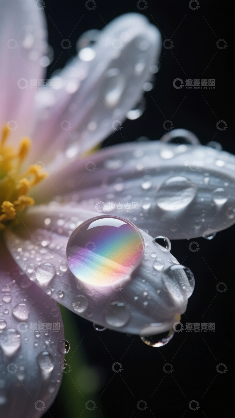 高清大图下载【趣麦麦图】花瓣上的水滴折射出彩虹光芒