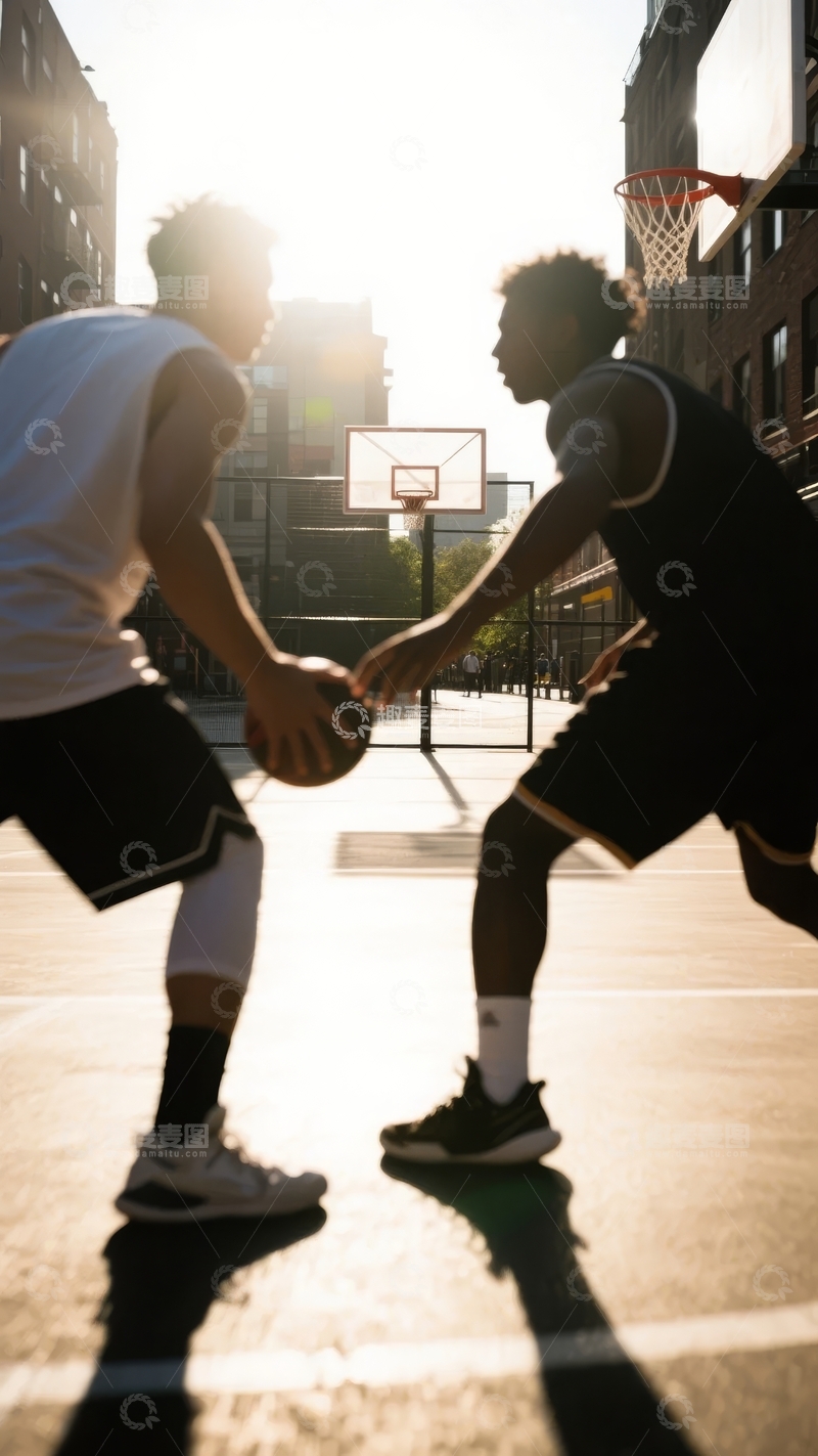 高清大图下载【趣麦麦图】两名男子在户外篮球场上激烈对抗