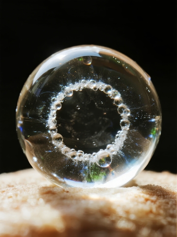 透明玻璃球内含气泡置于木质表面