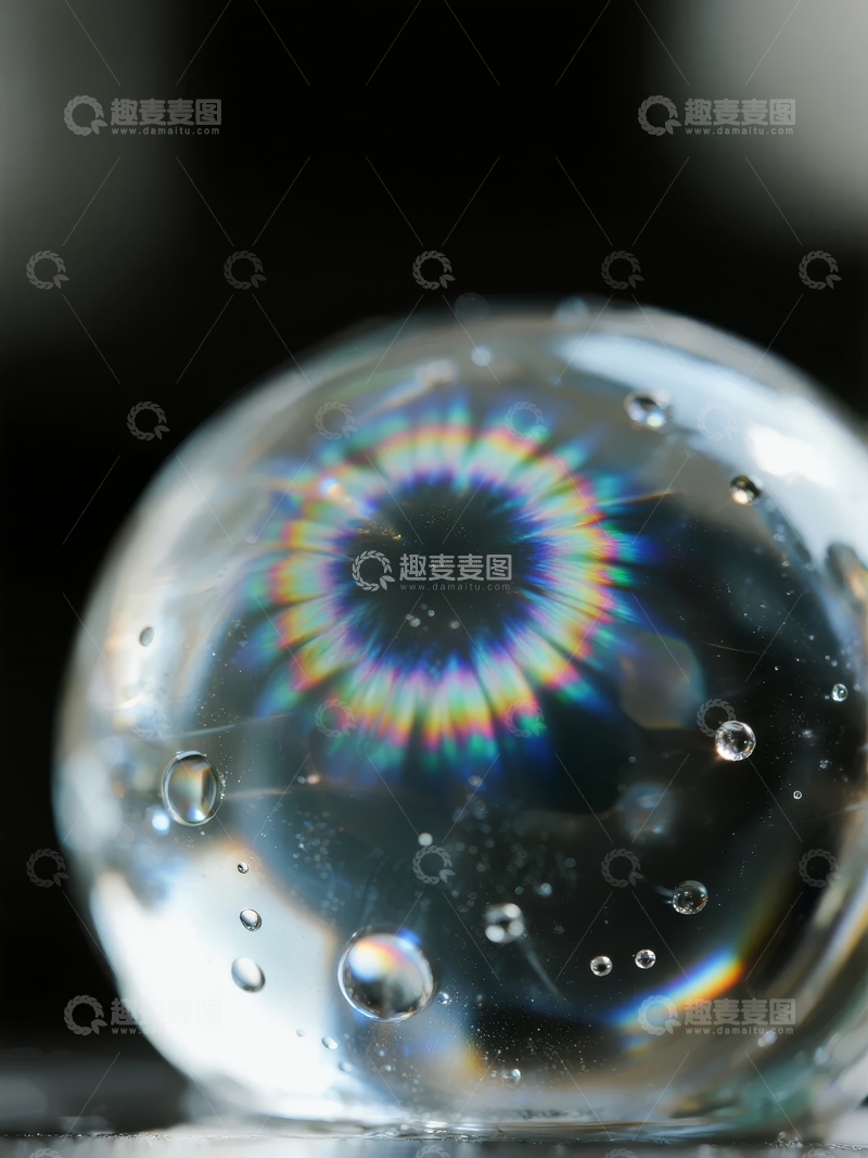 高清大图下载【趣麦麦图】透明球体表面水滴折射彩虹光晕的微观特写