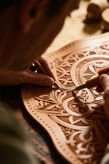 工匠专注雕刻精美皮革花纹图案