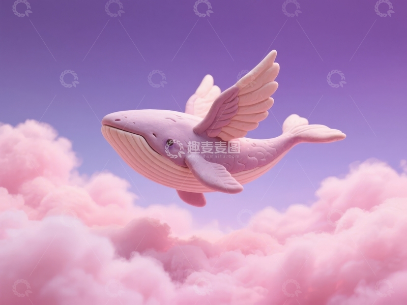 高清大图下载【趣麦麦图】粉色天空中飞翔的带翅膀鲸鱼