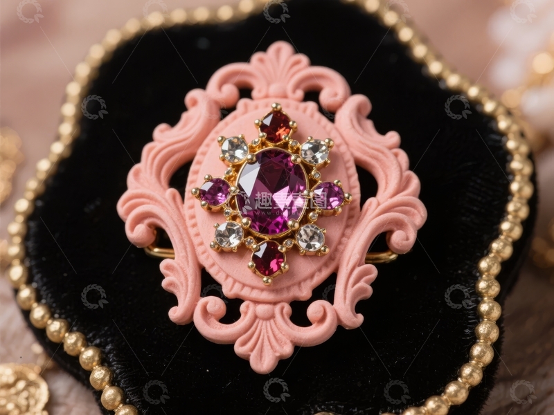 高清大图下载【趣麦麦图】粉色复古风格镶嵌宝石胸针
