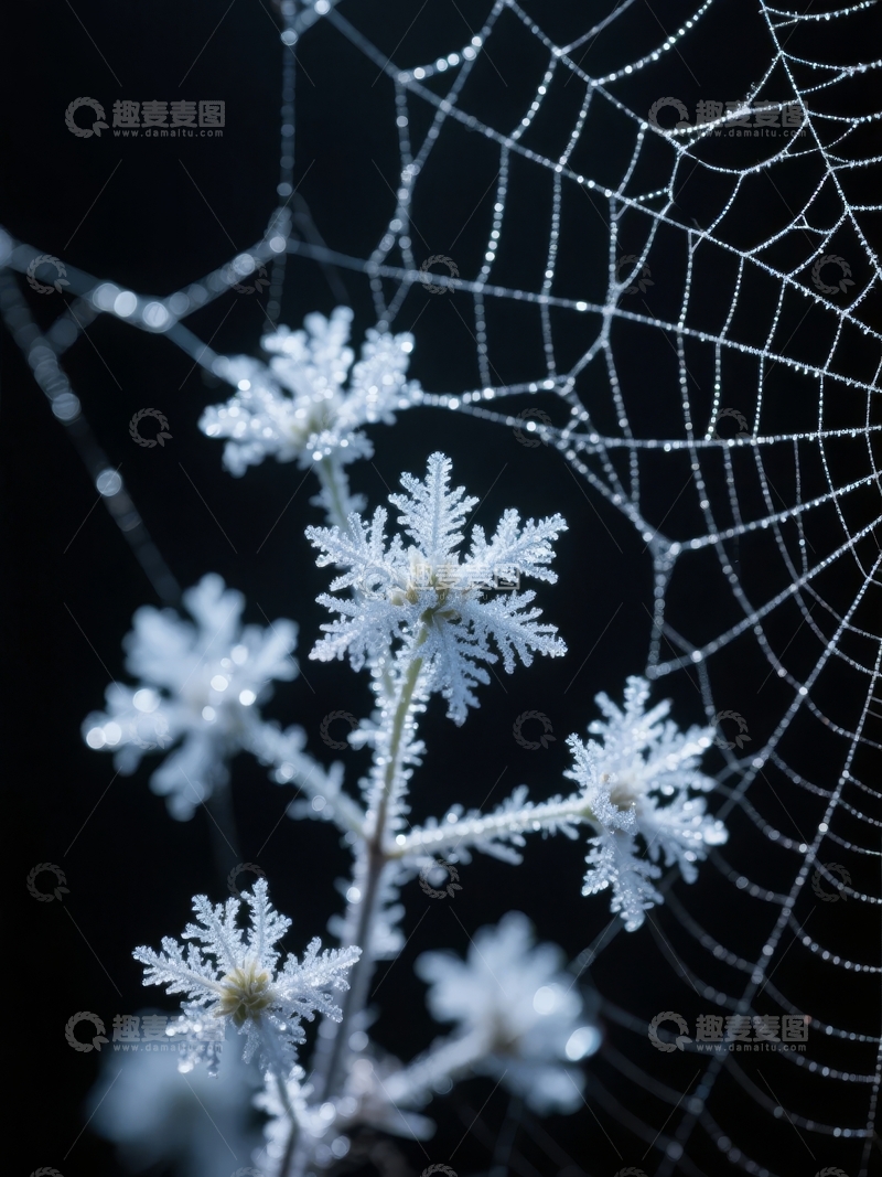 高清大图下载【趣麦麦图】霜花点缀的蛛网在黑暗中闪烁