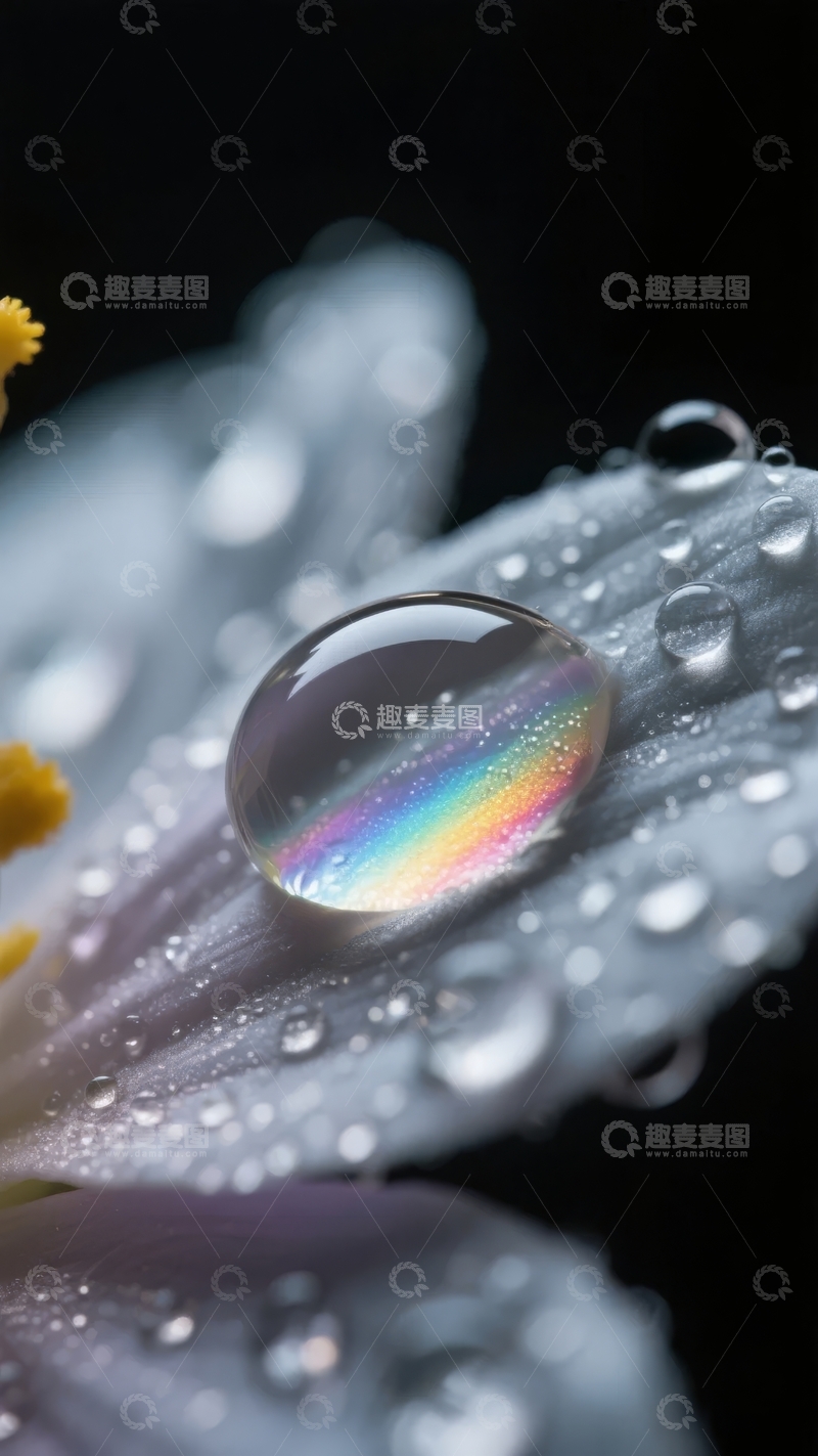 高清大图下载【趣麦麦图】花瓣上的水滴折射出彩虹光芒