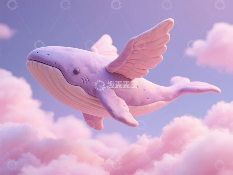 高清大图下载【趣麦麦图】粉色翅膀鲸鱼在云朵间飞翔的梦幻场景