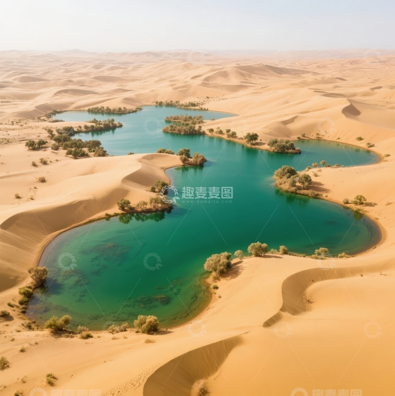 高清大图下载【趣麦麦图】沙漠中的碧绿湖泊与沙丘景观