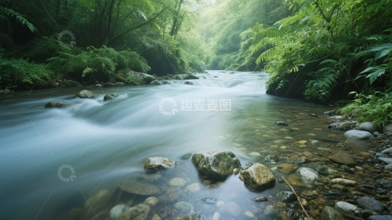高清大图下载【趣麦麦图】溪流穿行于绿意盎然的森林之中