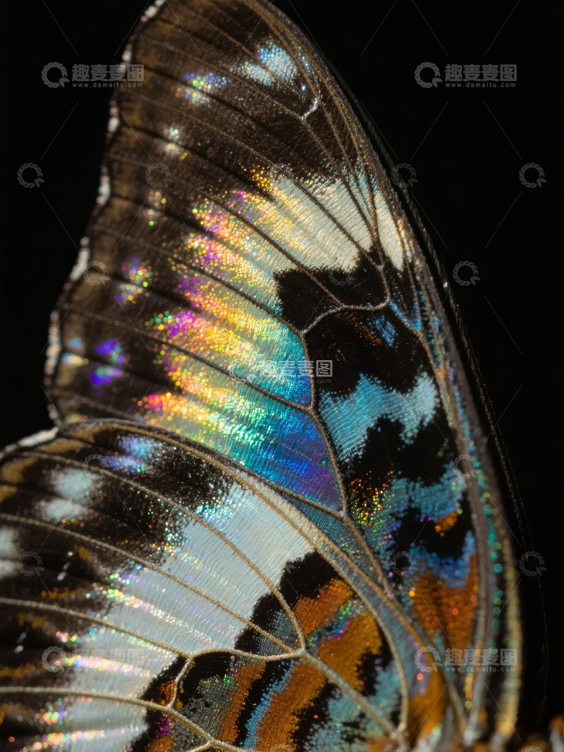 高清大图下载【趣麦麦图】色彩斑斓的蝴蝶翅膀特写在黑色背景上