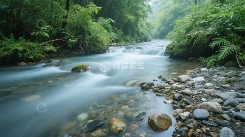 高清大图下载【趣麦麦图】清澈溪流穿行于郁郁葱葱的森林之中