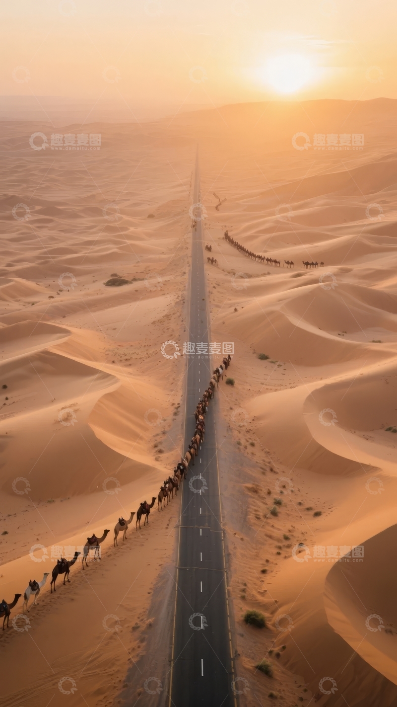 高清大图下载【趣麦麦图】沙漠公路日出驼队行进景象