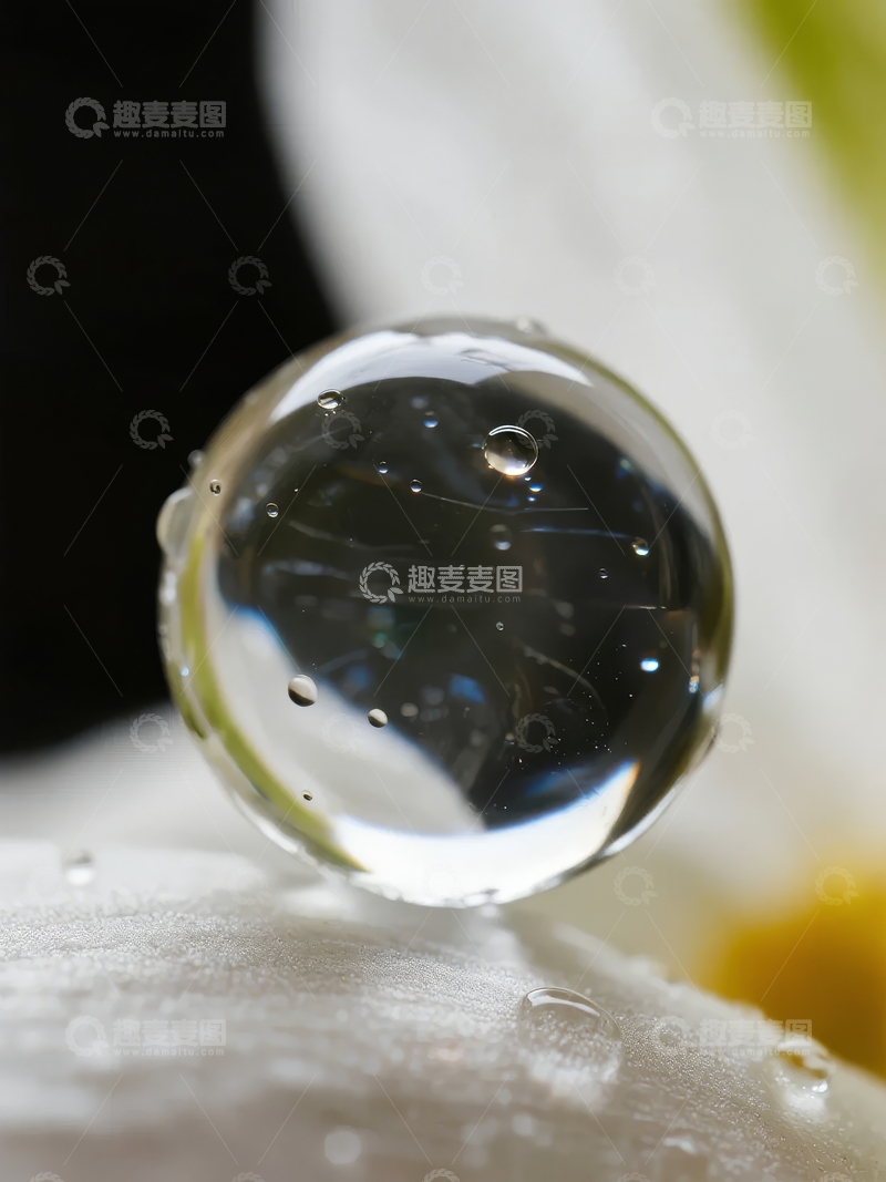 高清大图下载【趣麦麦图】透明玻璃珠置于白色花瓣上反射周围环境