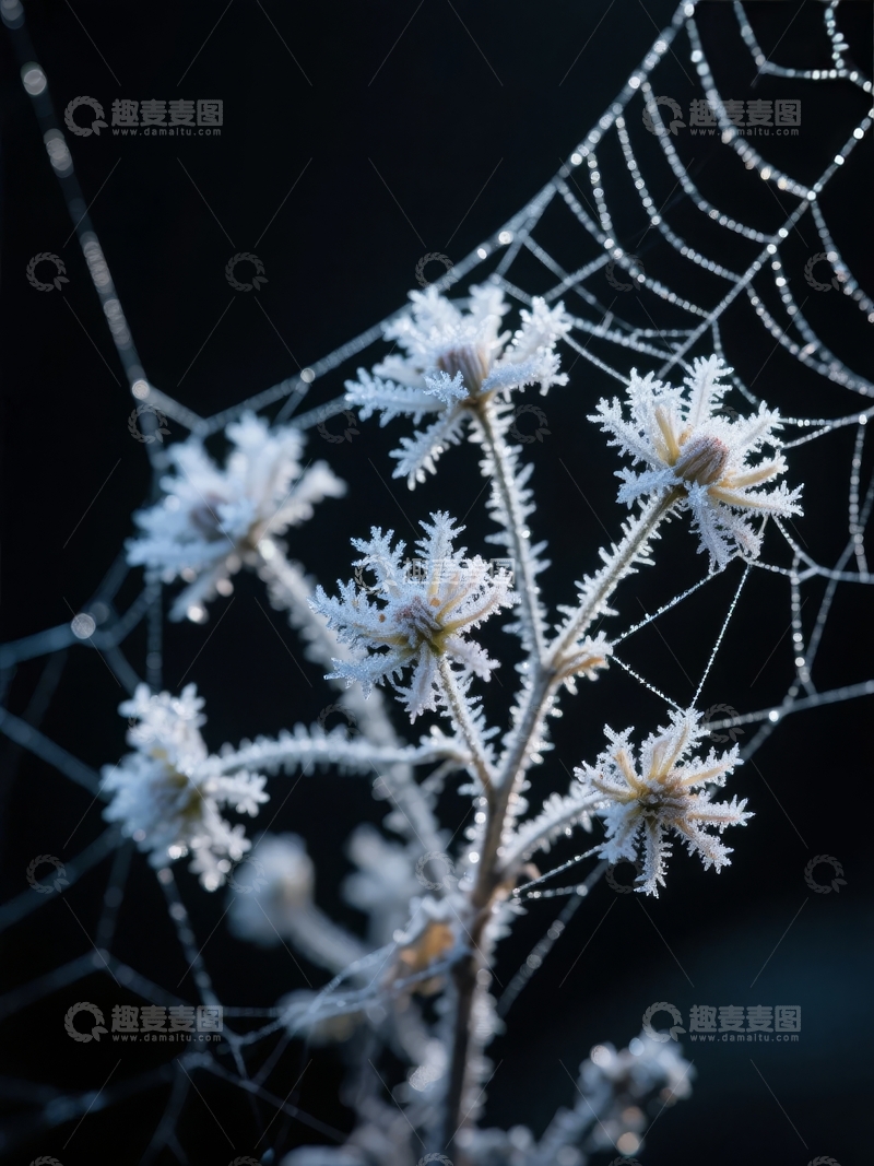 高清大图下载【趣麦麦图】霜冻覆盖的蜘蛛网在黑暗背景中闪烁