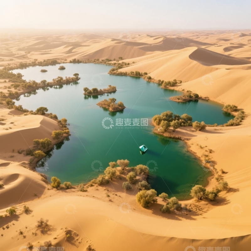 高清大图下载【趣麦麦图】沙漠绿洲湖泊与沙丘环绕的自然景观
