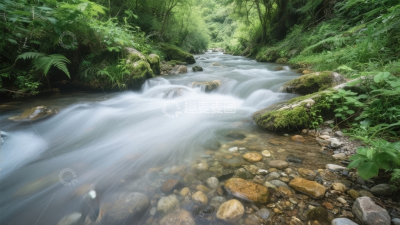 高清大图下载【趣麦麦图】溪流穿行于绿意盎然的森林之中水流潺潺