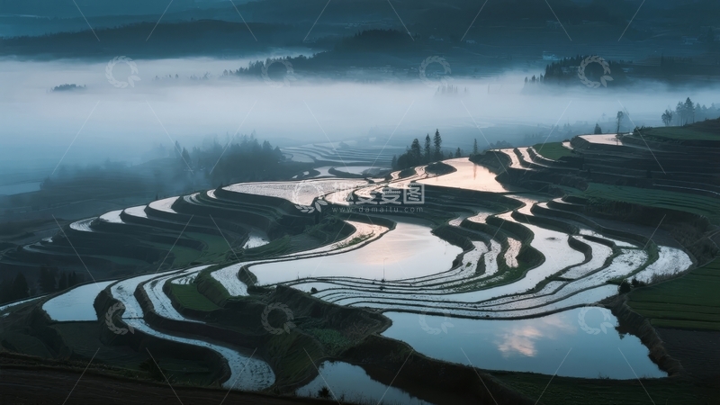 高清大图下载【趣麦麦图】晨雾笼罩下的梯田水景如画
