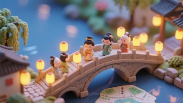 微型古风桥上灯笼映照人物漫步场景