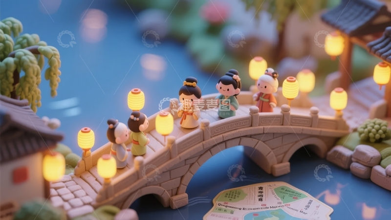高清大图下载【趣麦麦图】微型古风桥上灯笼映照人物漫步场景
