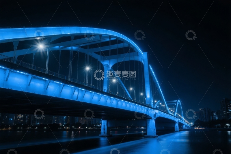 高清大图下载【趣麦麦图】夜晚蓝色灯光照亮的现代拱桥及其倒影