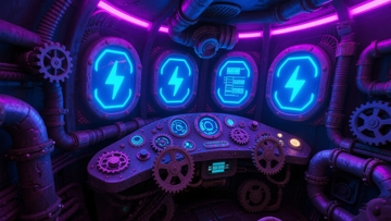 科幻风格控制室内部展示蓝色霓虹灯光与机械装置