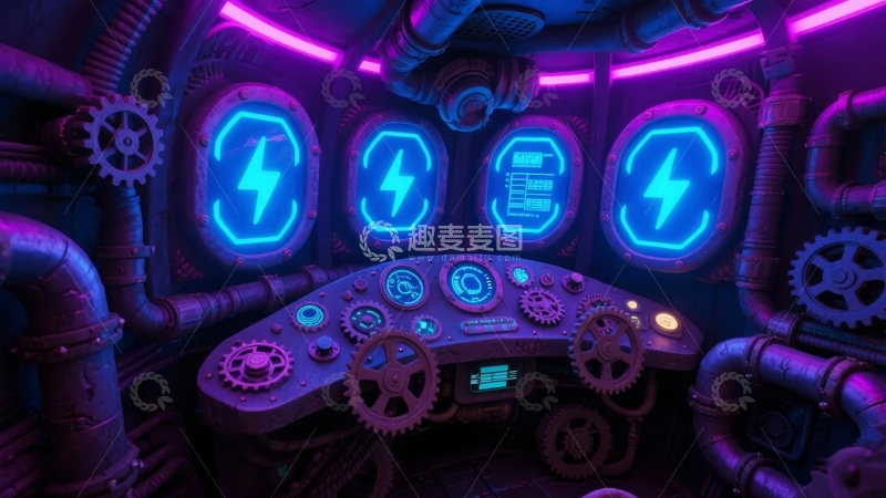 高清大图下载【趣麦麦图】科幻风格控制室内部展示蓝色霓虹灯光与机械装置