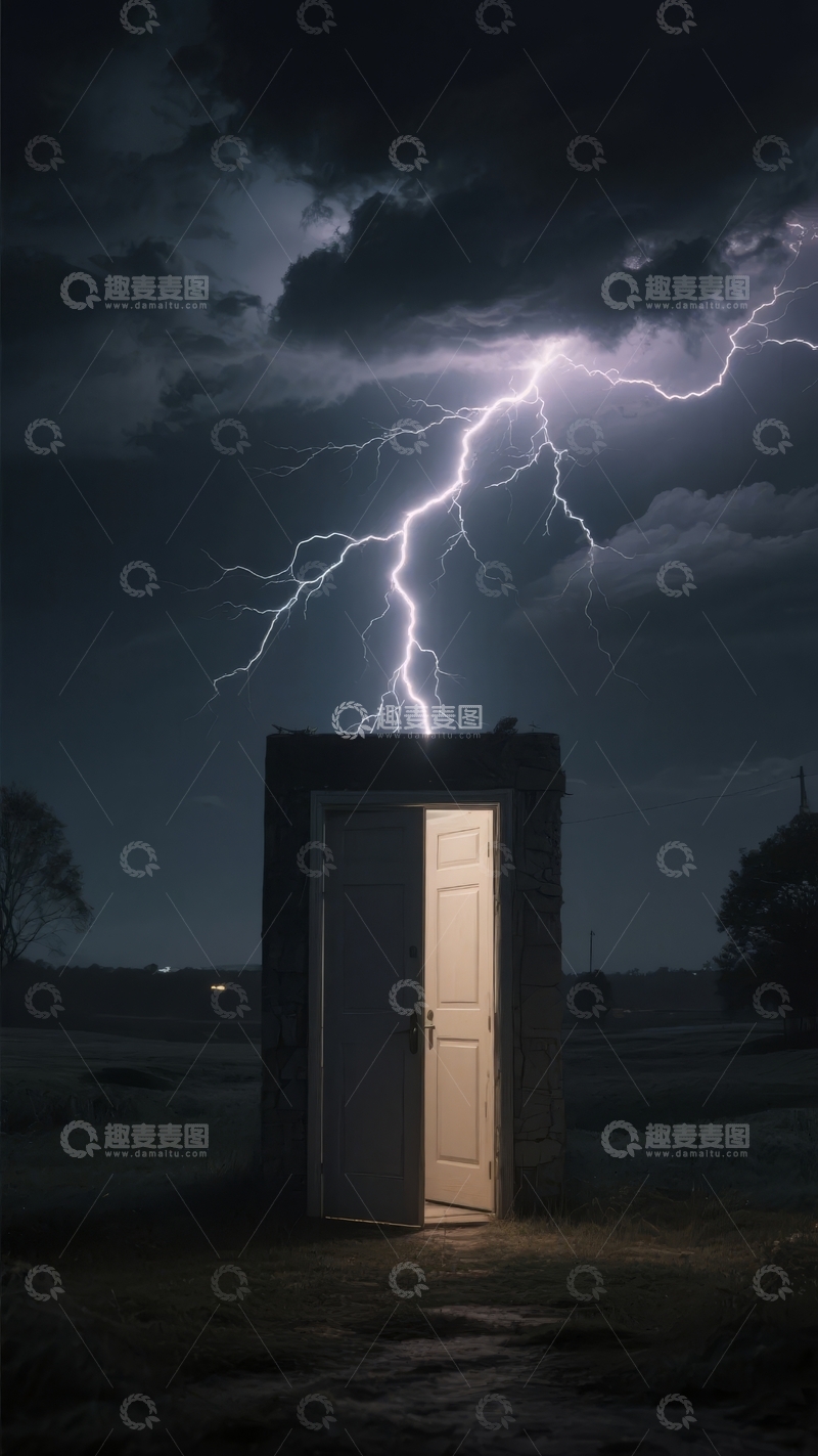 高清大图下载【趣麦麦图】闪电划破夜空照亮废弃建筑