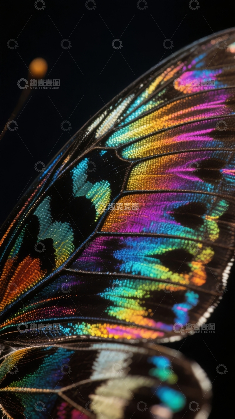 高清大图下载【趣麦麦图】色彩斑斓的蝴蝶翅膀特写在黑暗背景中