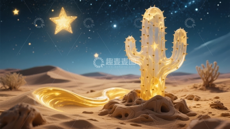 高清大图下载【趣麦麦图】夜空下发光仙人掌与金色星辉沙漠景观