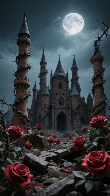 满月下的玫瑰与荆棘缠绕的神秘城堡