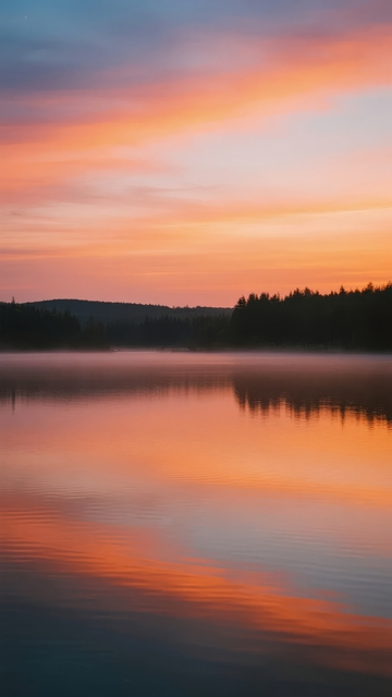 日落时分湖面平静水面倒映着绚丽天空