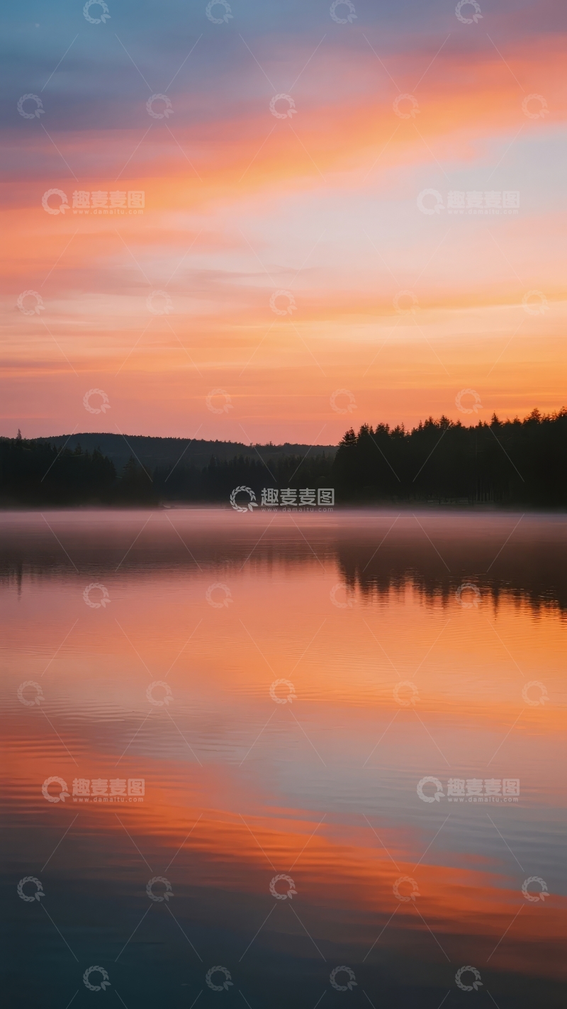 高清大图下载【趣麦麦图】日落时分湖面平静水面倒映着绚丽天空