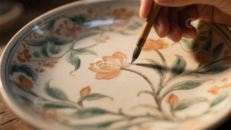 高清大图下载【趣麦麦图】手绘笔在花卉图案瓷盘上细致描绘
