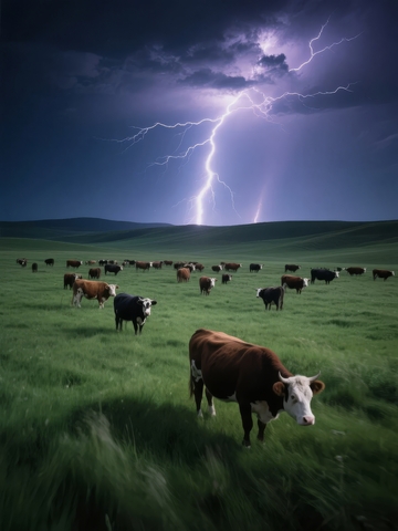 雷电交加的田野里牛群在绿色草地上