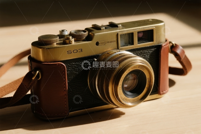 高清大图下载【趣麦麦图】金色复古相机置于木质桌面